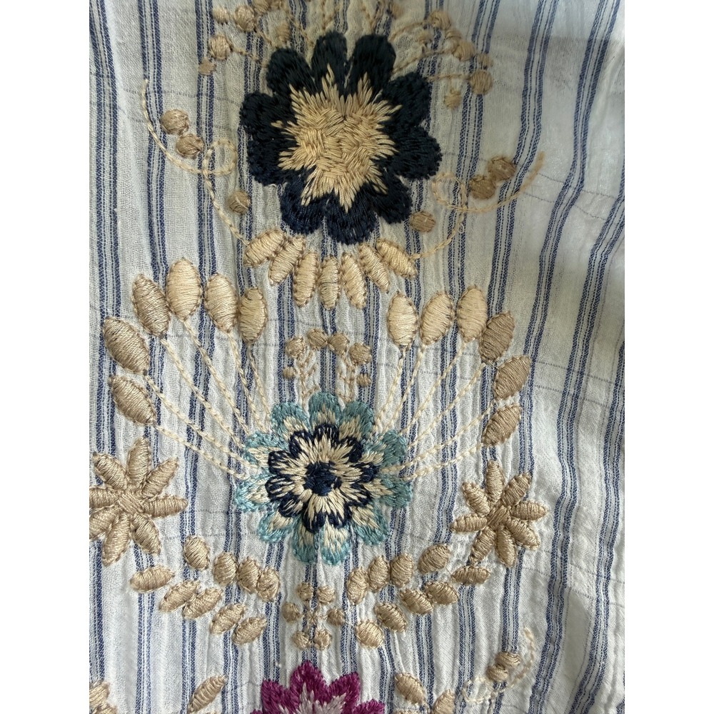 Johnny Was 3J Workshop Blue Striped Floral Embroidered Shirt XS Boho Whimsical - Picture 4 of 10